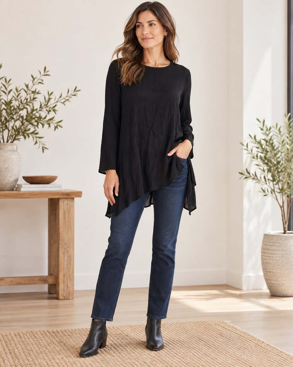 Eileen Fisher Black Crinkle Cupro Long Sleeve Asymmetrical Tunic Top Small